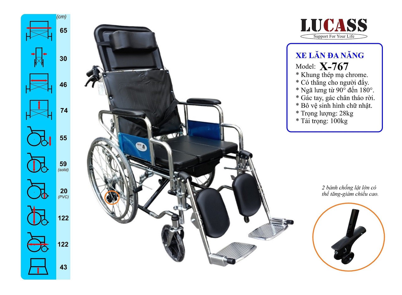 Xe Lăn Đa Năng Lucass X-767(New) Có Bô Vệ Sinh, Ngã Nằm